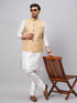 Vastramay Men's Beige Matka Silk Nehru Jacket With White Silk Blend Kurta Pyjama Set